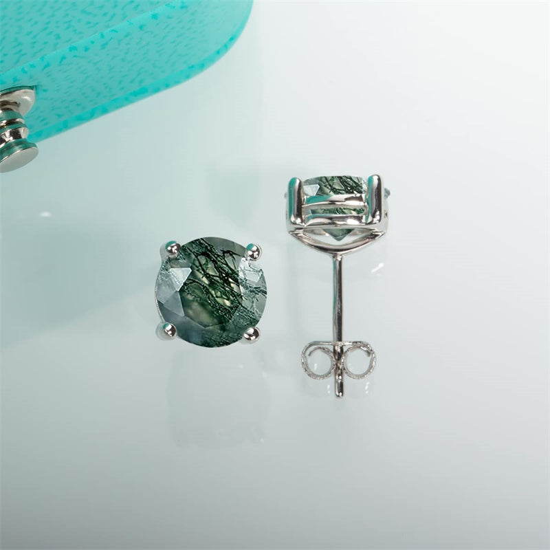Sterling Silver Natural Moss Agate Stud Earrings