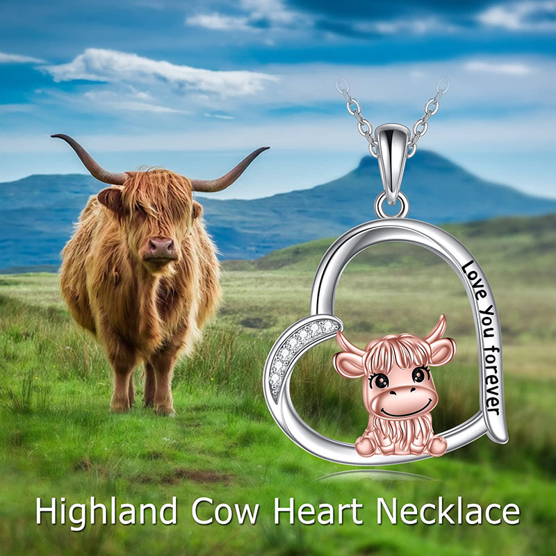 Sterling Silver Heart Highland Cow Pendant Necklace