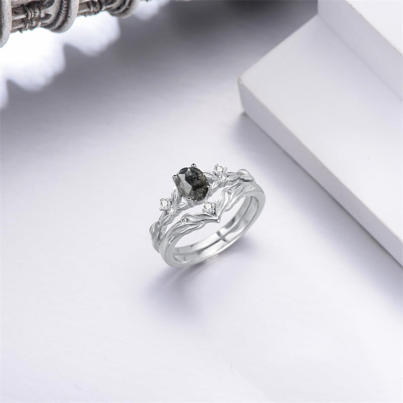 Sterling Silver 10K 14K 18K Gold  Oval Cut Unique Vine Gemstone Wedding Ring Set