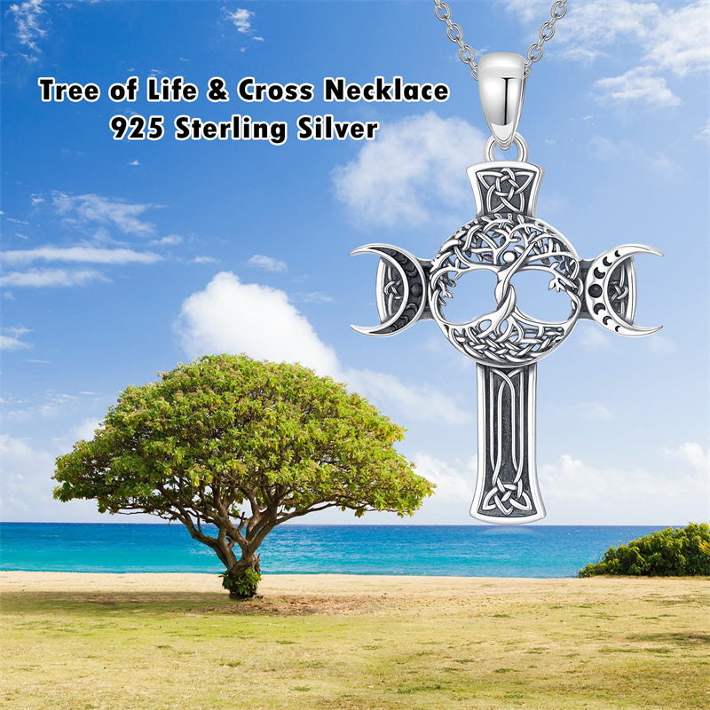 Sterling Silver Shark Fish Hook Triple Moon Cross Pendant Necklace