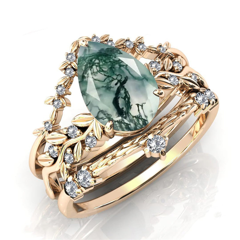 Sterling Silver Personalized Engraved Pear Moss Agate Engagement Black Ring Set Bridal Rings Set