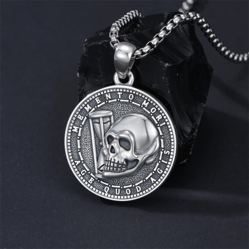 Sterling Silver Memento Mori Gothic Skull Amulet Pendant Necklace for Men