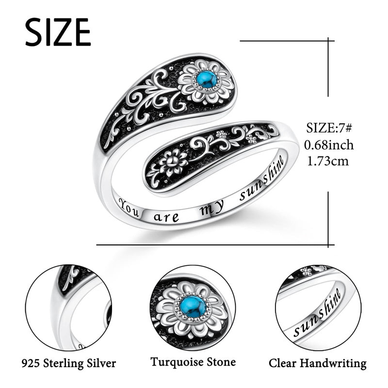 Sterling Silver Vintage Turquoise Sunflower Adjustable Spoon Ring Engraved with You Are My Sunshine