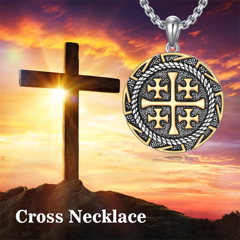 Sterling Silver Jerusalem Cross Pendant Necklace for Men
