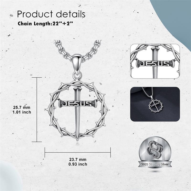 Sterling Silver Crown of Thorns Crucifix Cross Pendant Necklace for Men