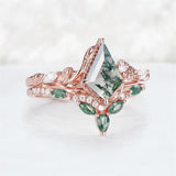 Sterling Silver 10K 14K 18K Gold  Personalized  Engraved Natural Moss Agate Engagement Bridal Wedding Ring Set