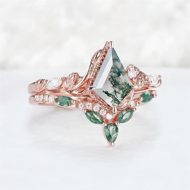 Sterling Silver 10K 14K 18K Gold  Personalized  Engraved Natural Moss Agate Engagement Bridal Wedding Ring Set