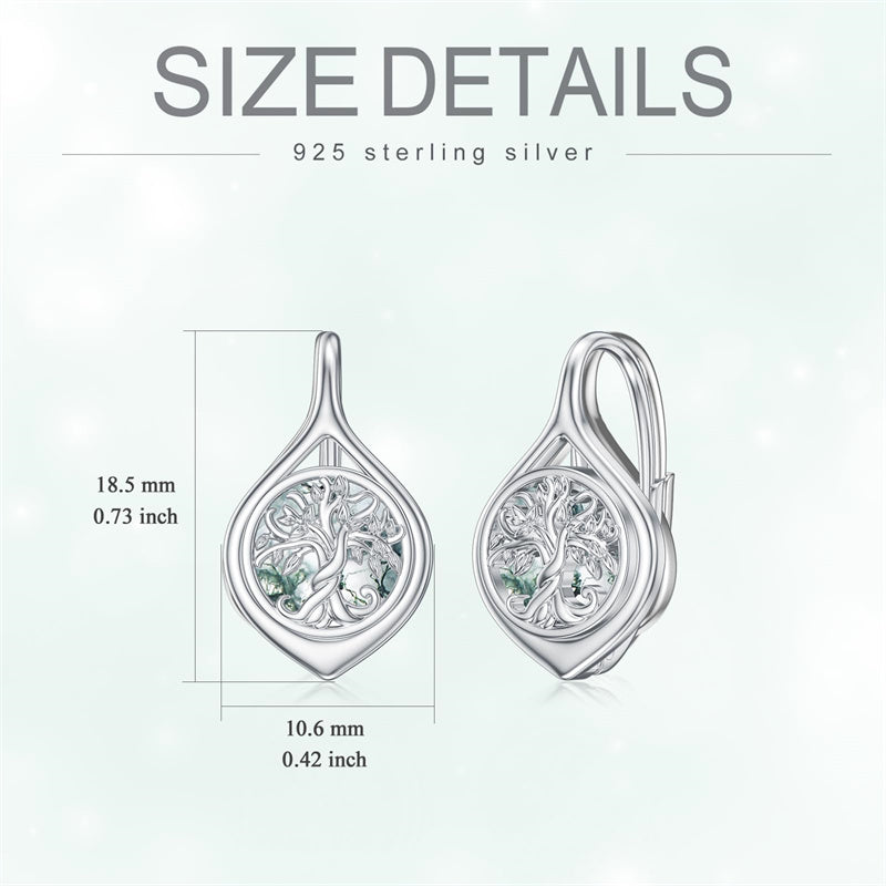 Sterling Silver Moss Agate Tree of Life Leverback Earrings