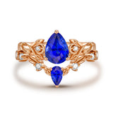 Sterling Silver 10K 14K 18K Gold Pear Cut Gemstone Leaf  Engagement Ring Set