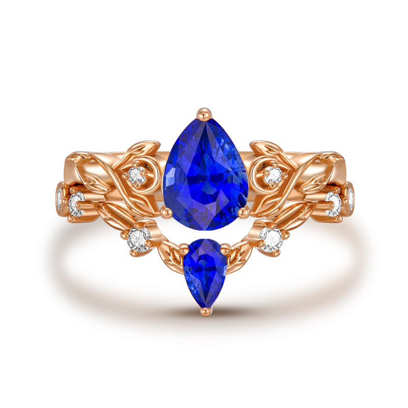 Sterling Silver 10K 14K 18K Gold Pear Cut Gemstone Leaf  Engagement Ring Set