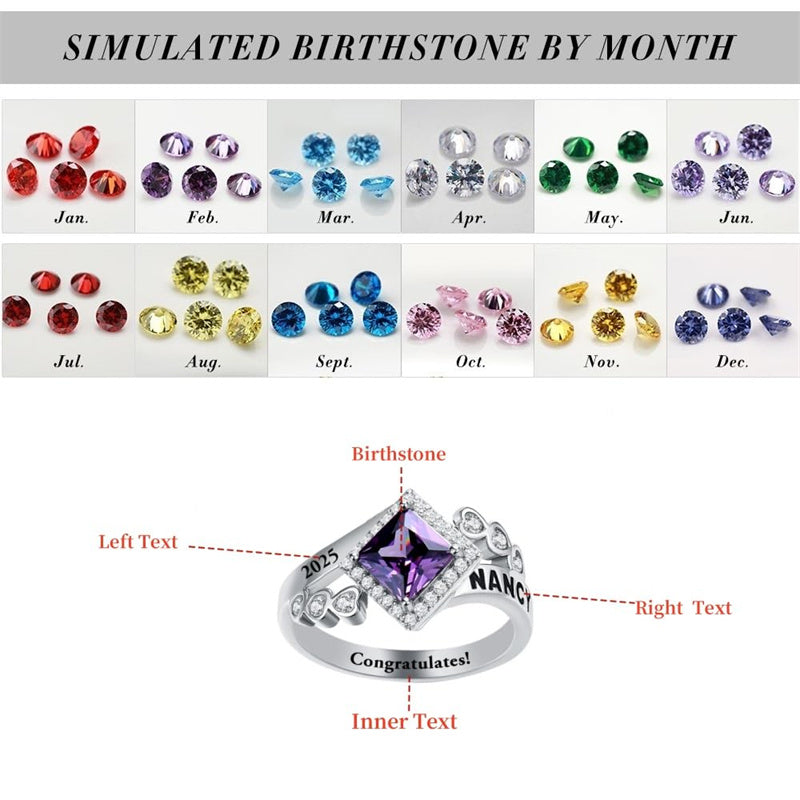 Sterling Silver Personalized Birthstone Engraved Class Ring Gift for Students
