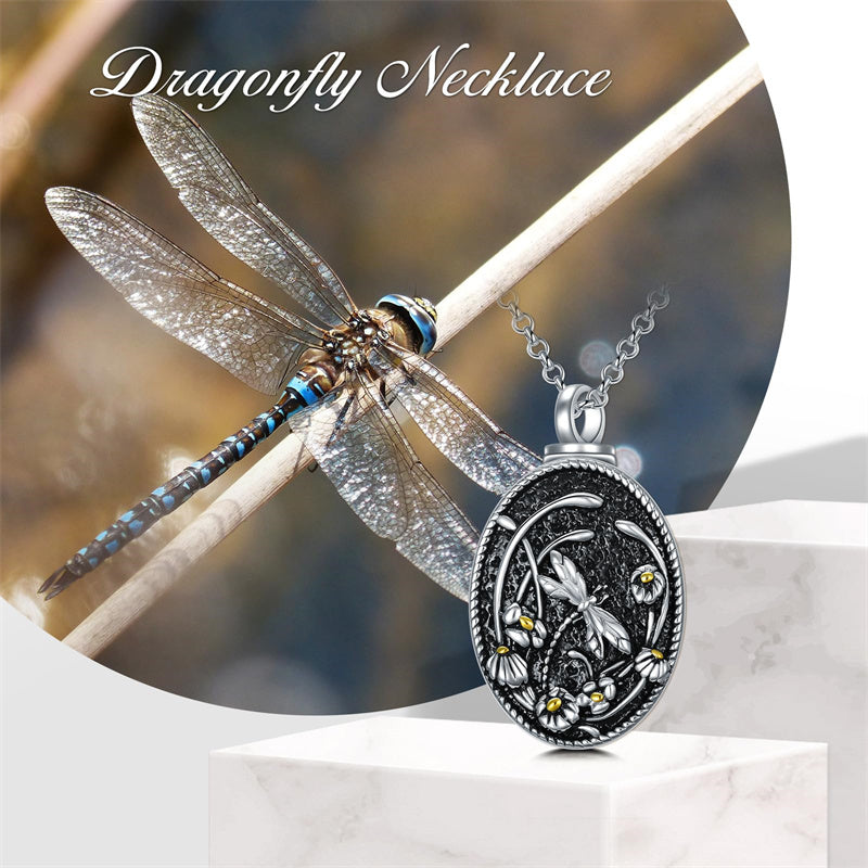 Sterling Silver Personalized Engraved Oval Dragonfly  Urn Necklace for Ashes