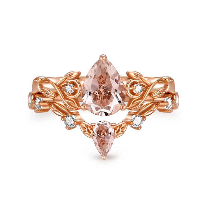 Sterling Silver 10K 14K 18K Gold Pear Cut Gemstone Leaf  Engagement Ring Set