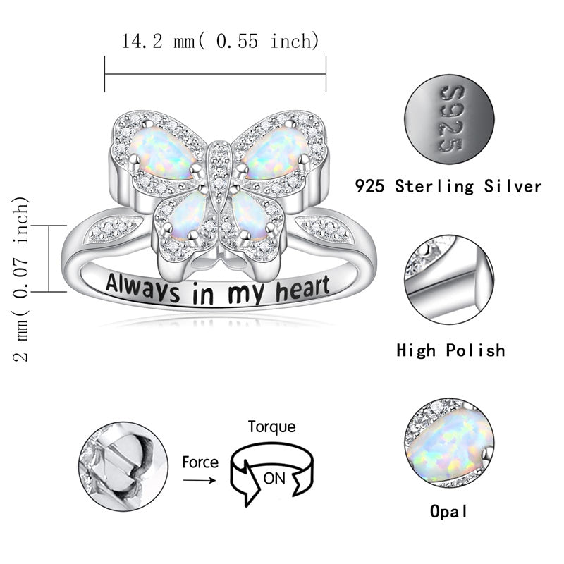 Sterling Silver Opal Butterfly Urn Rings for Ashes With Engraved with Always in My Heart
