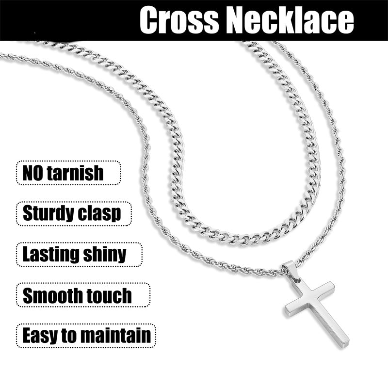 Sterling Silver Layered Cross Necklace for Men with Stainless Steel Cuban Link Rope Chain