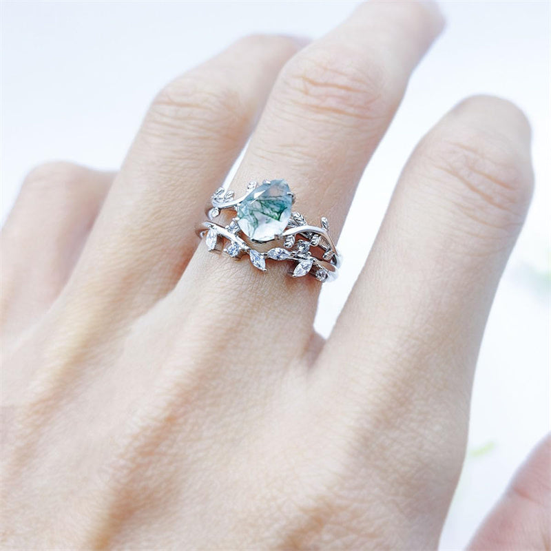 Sterling Silver Pear Kite Round Oval Cut Natural Moss Agate Leaf Engagement Wedding Promise Ring Set