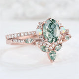 Sterling Silver 10K 14K 18K Gold  Personalized  Engraved Natural Moss Agate Engagement Bridal Wedding Ring Set
