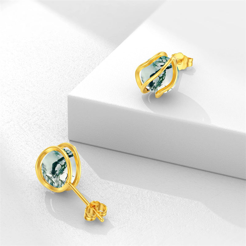 10K 14K 18K Gold Round Moss Agate Stud Earrings