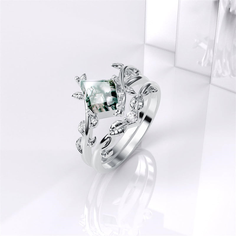 Sterling Silver Kite Cut Natural Moss Agate  Ring Set Promise Ring