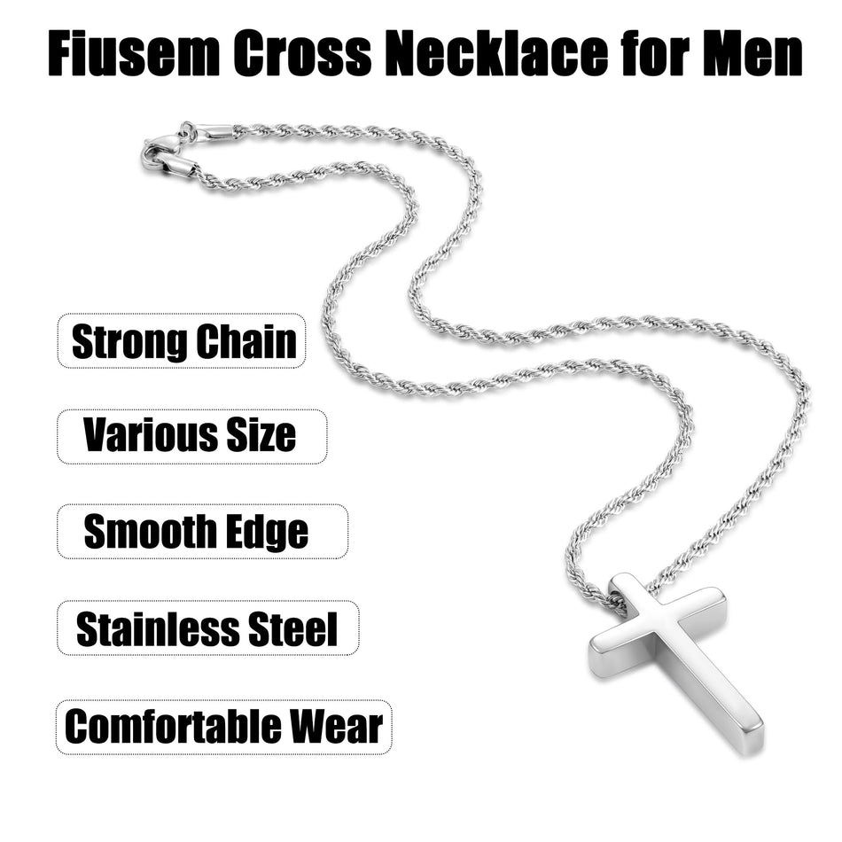 Sterling Silver Cross Pendant Necklace with Stainless Steel 2.0mm Rope Chain
