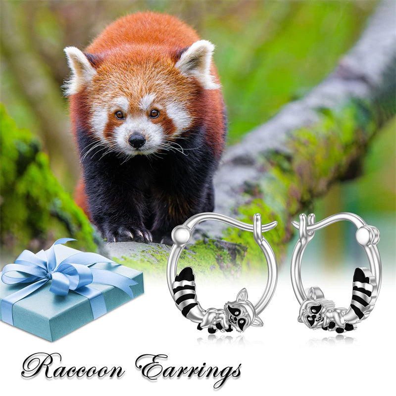 Sterling Silver Raccoon Cat Hoop Earrings