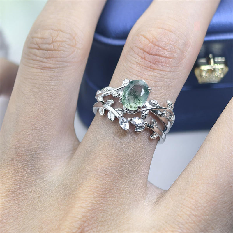 Sterling Silver Pear Kite Round Oval Cut Natural Moss Agate Leaf Engagement Wedding Promise Ring Set
