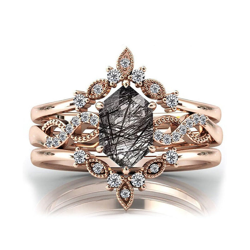 Sterling Silver 10K 14K 18K Personalized Engraved 2CT Natural Black Rutilated Quartz Engagement Ring Set