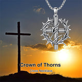 Sterling Silver Crown of Thorns Crucifix Cross Pendant Necklace for Men