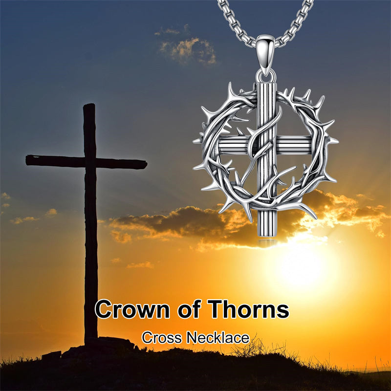 Sterling Silver Crown of Thorns Crucifix Cross Pendant Necklace for Men
