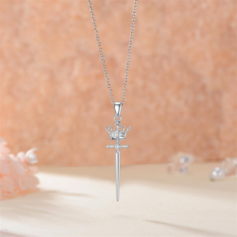 Sterling Silver Crown Sword Pendant Necklace