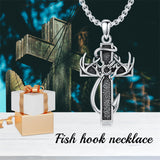 Sterling Silver Fish Hook Cross Pendant Necklace for Men