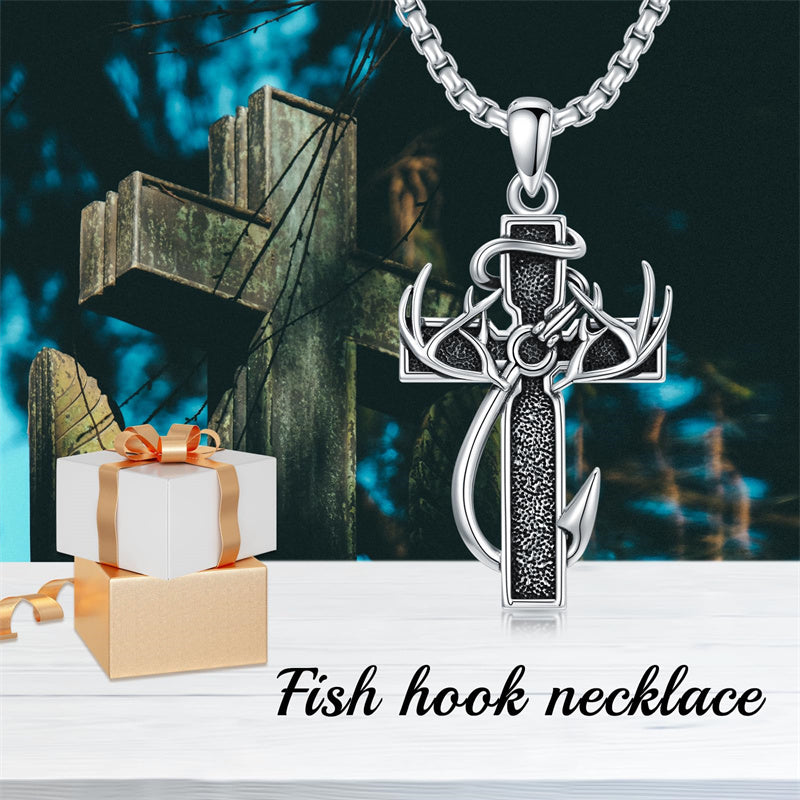 Sterling Silver Fish Hook Cross Pendant Necklace for Men