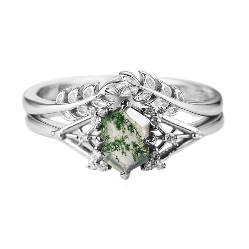 Sterling Silver Personalized  Engraved Hexagon Cut Moss Agate Engagement Wedding Ring Set for Women