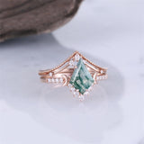 Sterling Silver 10K 14K 18K Gold  Personalized  Engraved Natural Moss Agate Engagement Bridal Wedding Ring Set