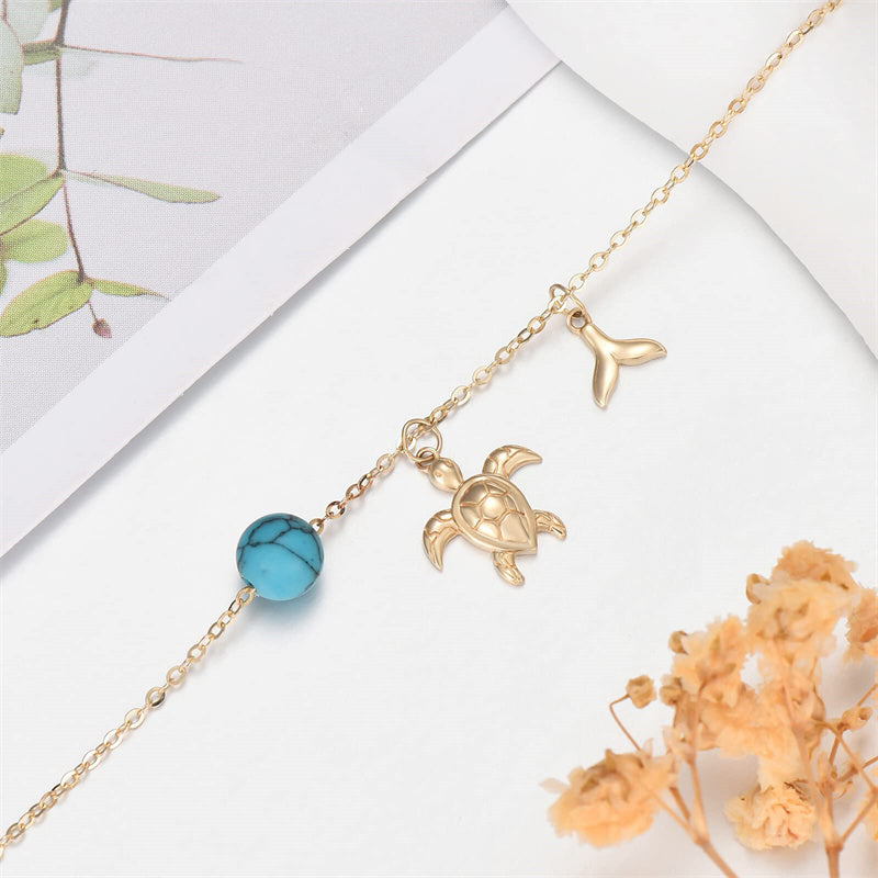 14K Gold Turtle Turquoise Single Layer Anklet