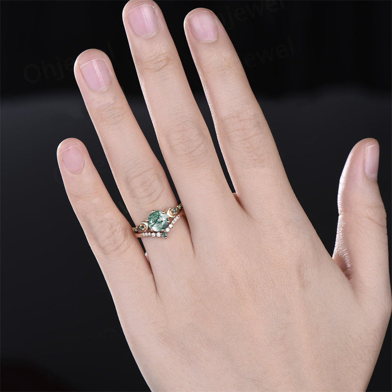 Sterling Silver 10K 14K 18K Gold 2CT Natural Moss Agate Engagement Ring Set