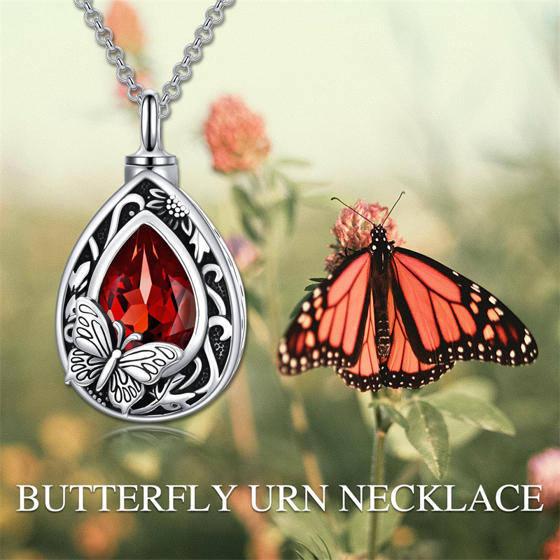 Sterling Silver Personalized Red Cubic Zirconia Butterfly Hummingbird Urn Necklace for Ashes