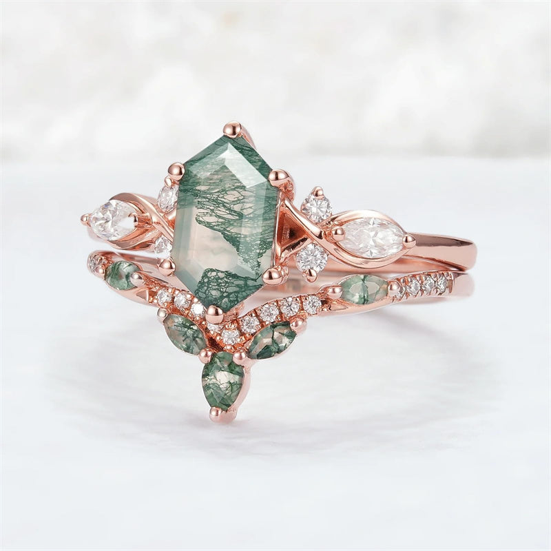 Sterling Silver 10K 14K 18K Gold  Personalized  Engraved Natural Moss Agate Engagement Bridal Wedding Ring Set