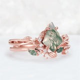 Sterling Silver 10K 14K 18K Gold  Personalized  Engraved Natural Moss Agate Engagement Bridal Wedding Ring Set