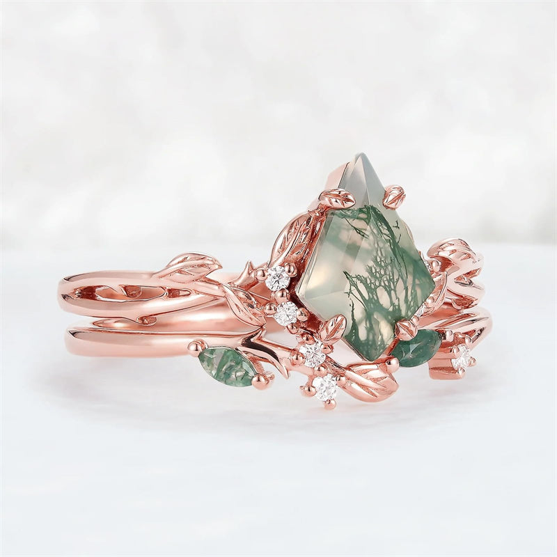 Sterling Silver 10K 14K 18K Gold  Personalized  Engraved Natural Moss Agate Engagement Bridal Wedding Ring Set