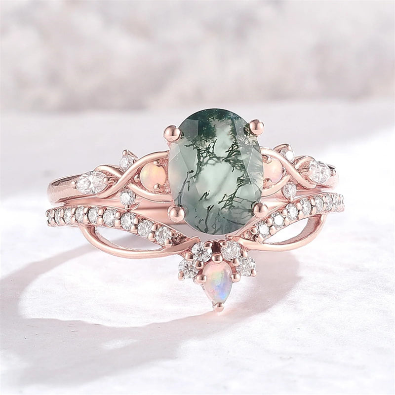 Sterling Silver 10K 14K 18K Gold  Personalized  Engraved Natural Moss Agate Engagement Bridal Wedding Ring Set