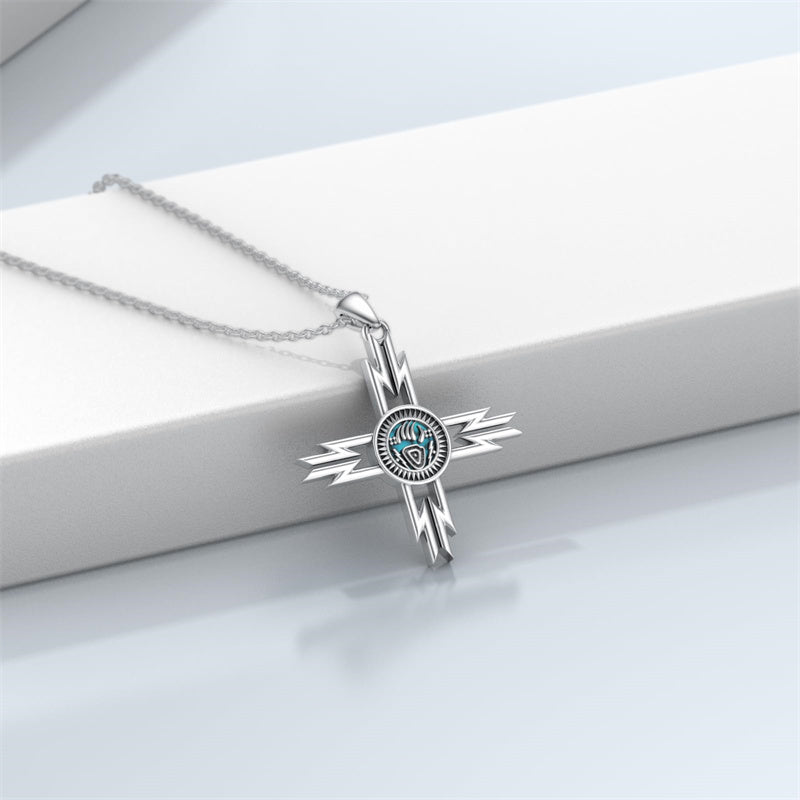 Sterling Silver Turquoise Cross Bear Claw Cowboy Boot Pendant Necklace