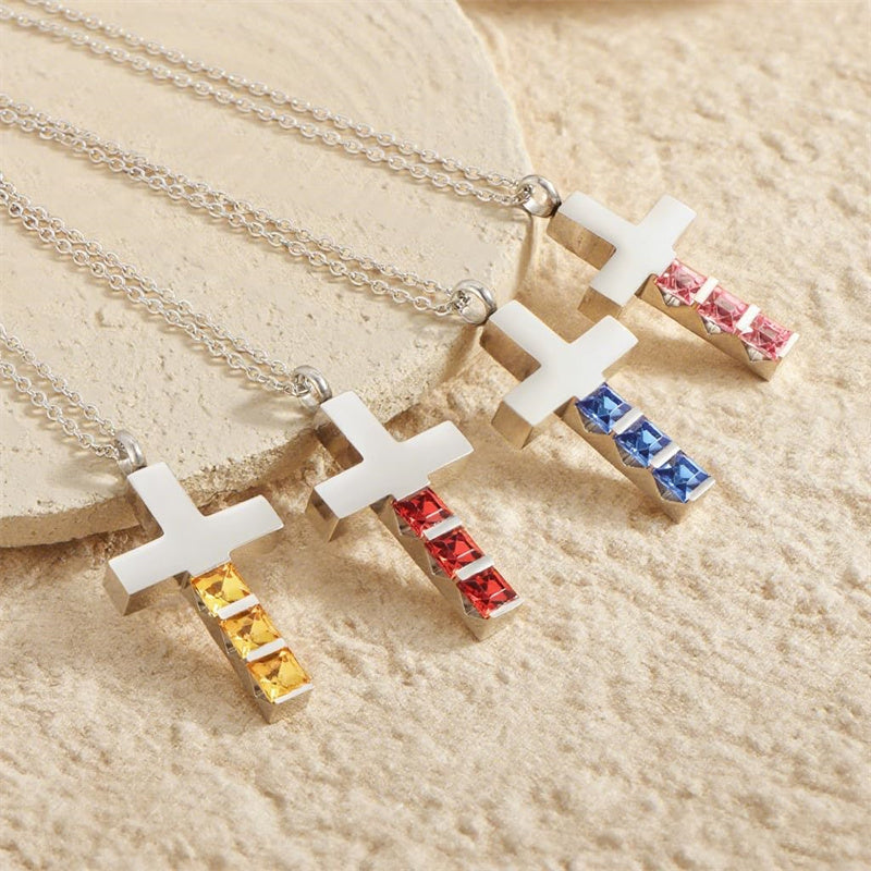Stainless Steel Personalized Engraved Birthstone Cross Urn Necklace