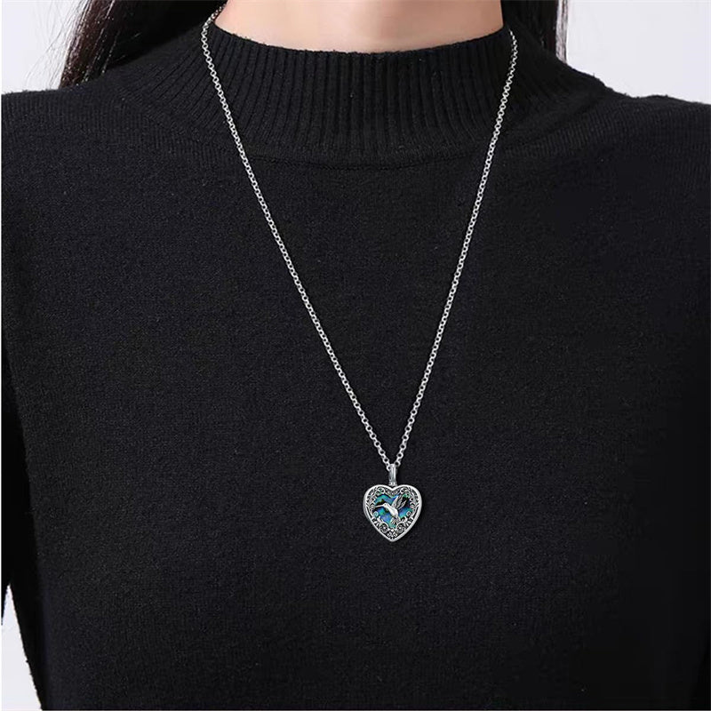Sterling Silver Abalone Shell Heart Hummingbird Urn Locket Necklace for Ashes Custom Photo Necklace