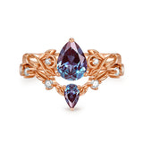 Sterling Silver 10K 14K 18K Gold Pear Cut Gemstone Leaf  Engagement Ring Set
