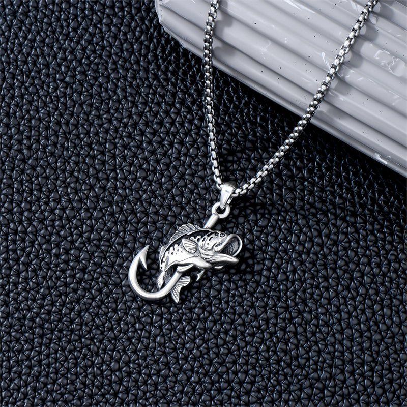 Sterling Silver Antler Fish Hook Pendant Necklace for Men