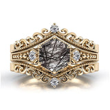 Sterling Silver 10K 14K 18K Personalized Engraved 2CT Natural Black Rutilated Quartz Engagement Ring Set