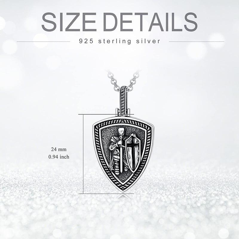 Sterling Silver Knights Templar & Cross Shield Pendant Necklace for Men