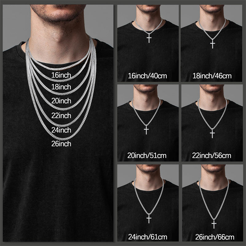 Sterling Silver Cross Necklace for Men with Stainless Steel Cuban Chain Necklace