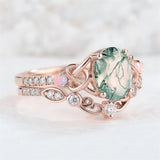 Sterling Silver 10K 14K 18K Gold  Personalized  Engraved Natural Moss Agate Engagement Bridal Wedding Ring Set